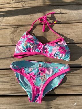 Tropical Floral Pink & Aqua Two-Piece Bikini Swim Set